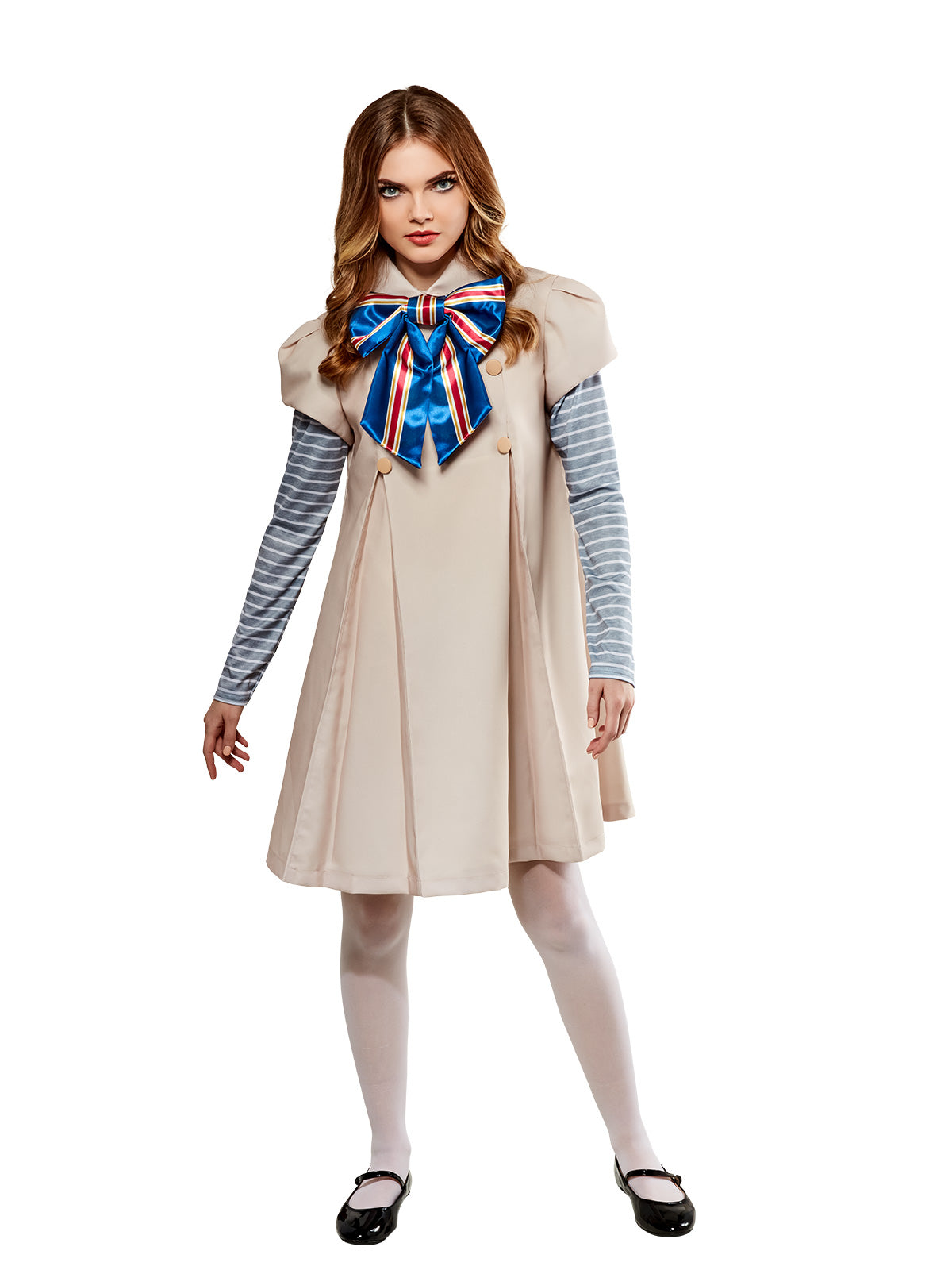 M3GAN Halloween Costume Adult Horror Doll Dress with Bow and Striped Sleeves