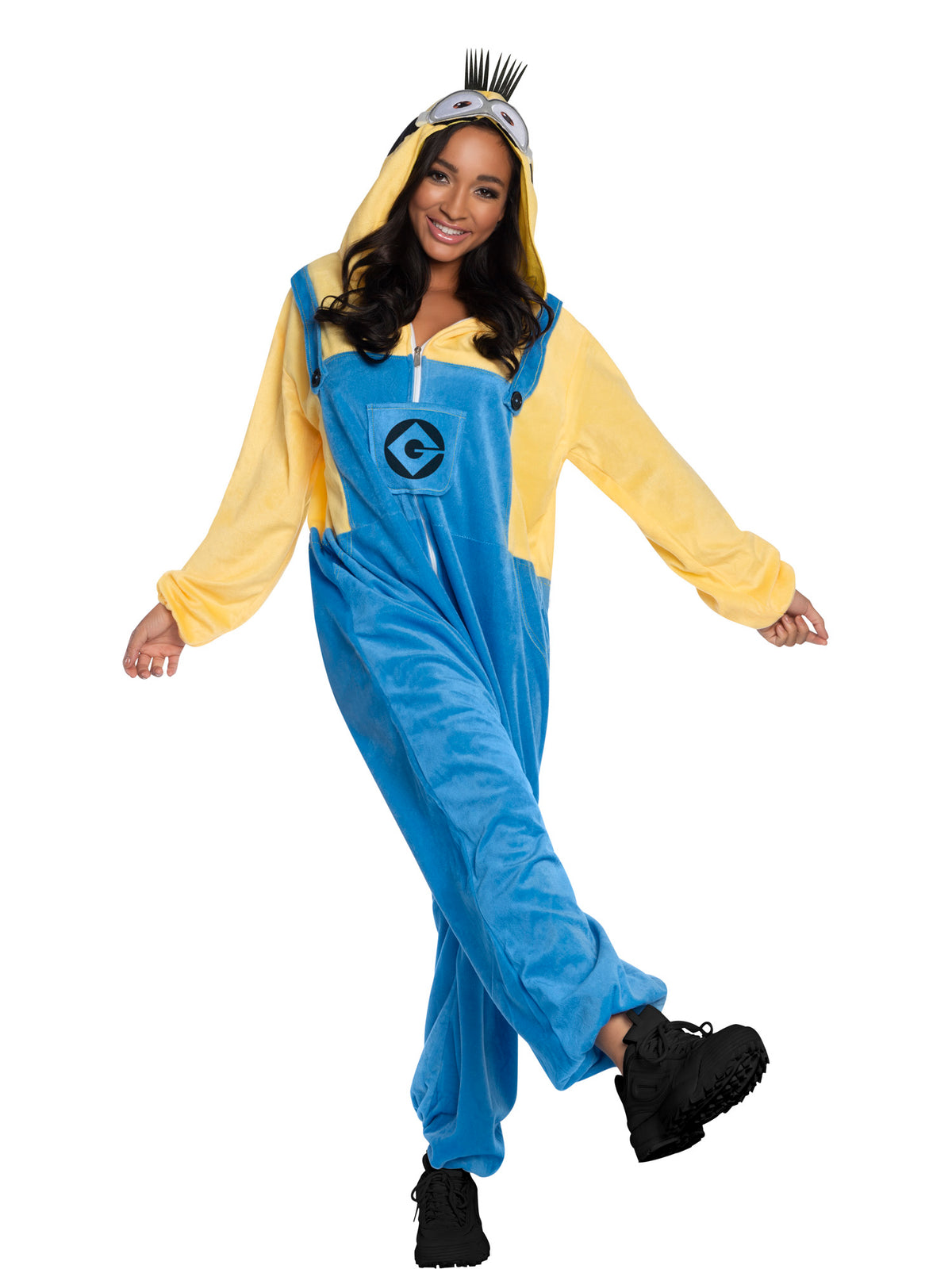 Despicable Me Minions Adult Hooded Fleece Onesie Costume with Printed Hood – Yellow Blue Colour
