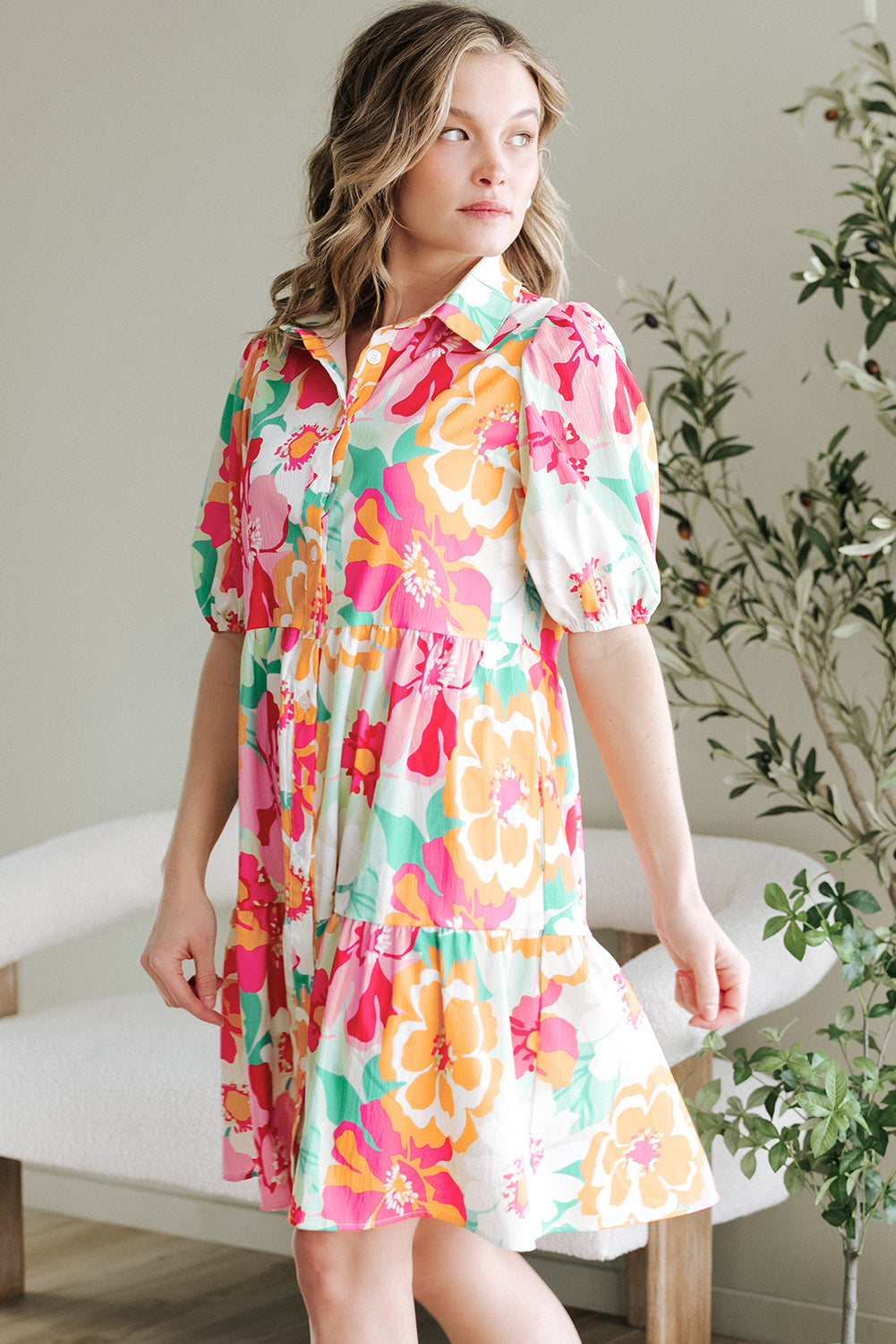 Women’s Green Floral Babydoll Dress with Puff Sleeves, Collar, and Buttons