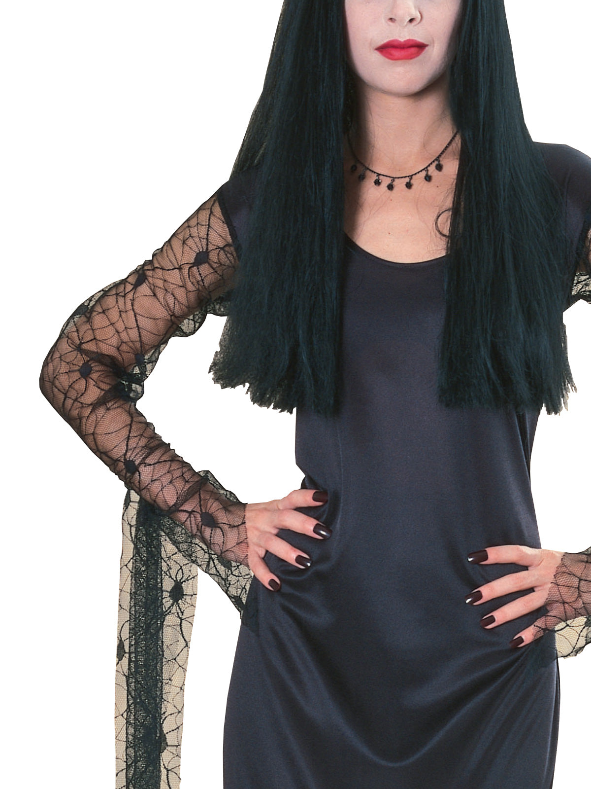 Morticia Addams Costume Adult Long Black Dress with Lace Sleeves