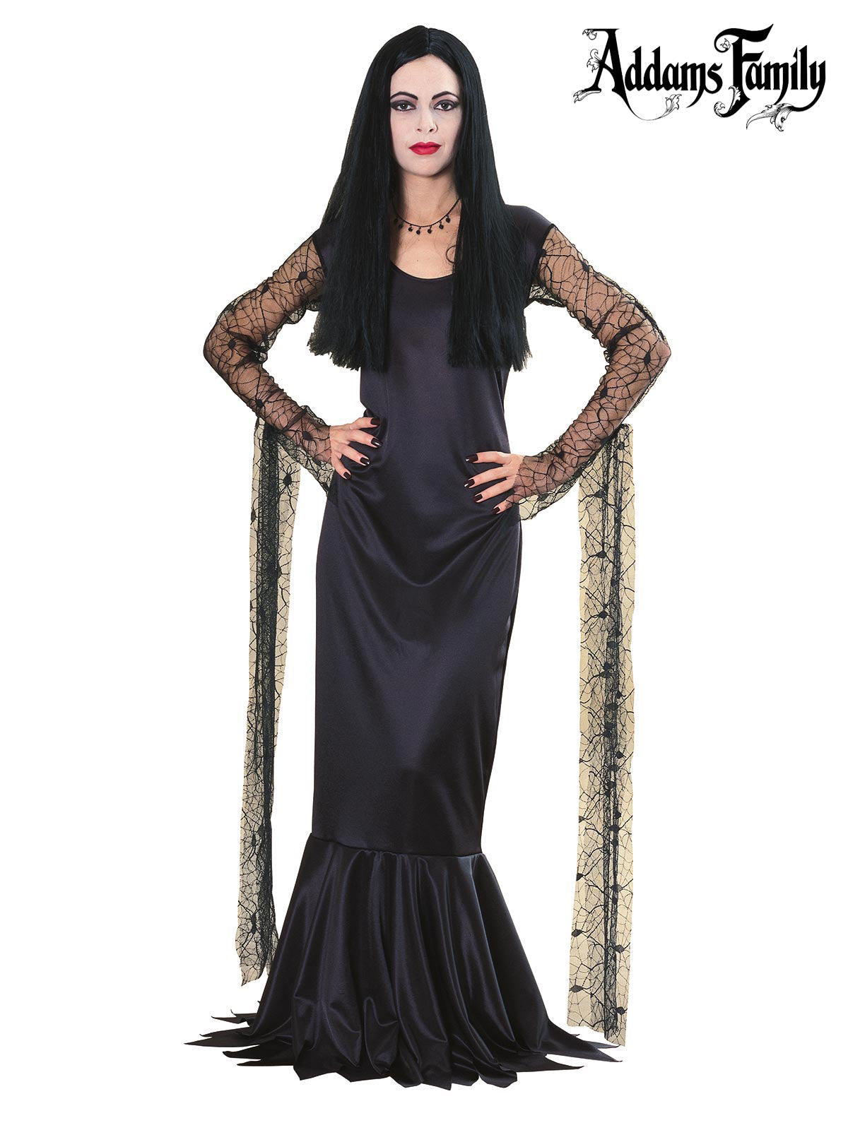 Morticia Addams Costume Adult Long Black Dress with Lace Sleeves