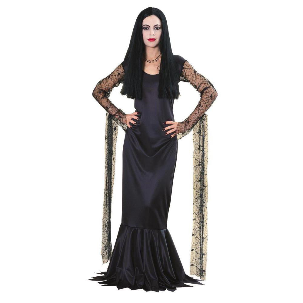 Morticia Addams Costume Adult Long Black Dress with Lace Sleeves