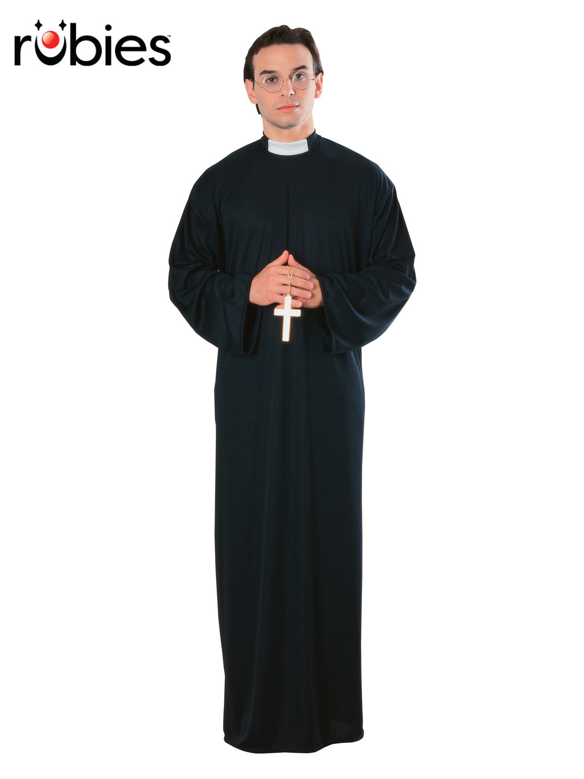 Mens Priest Costume Adult Halloween Fancy Dress Robe with Collar - Black