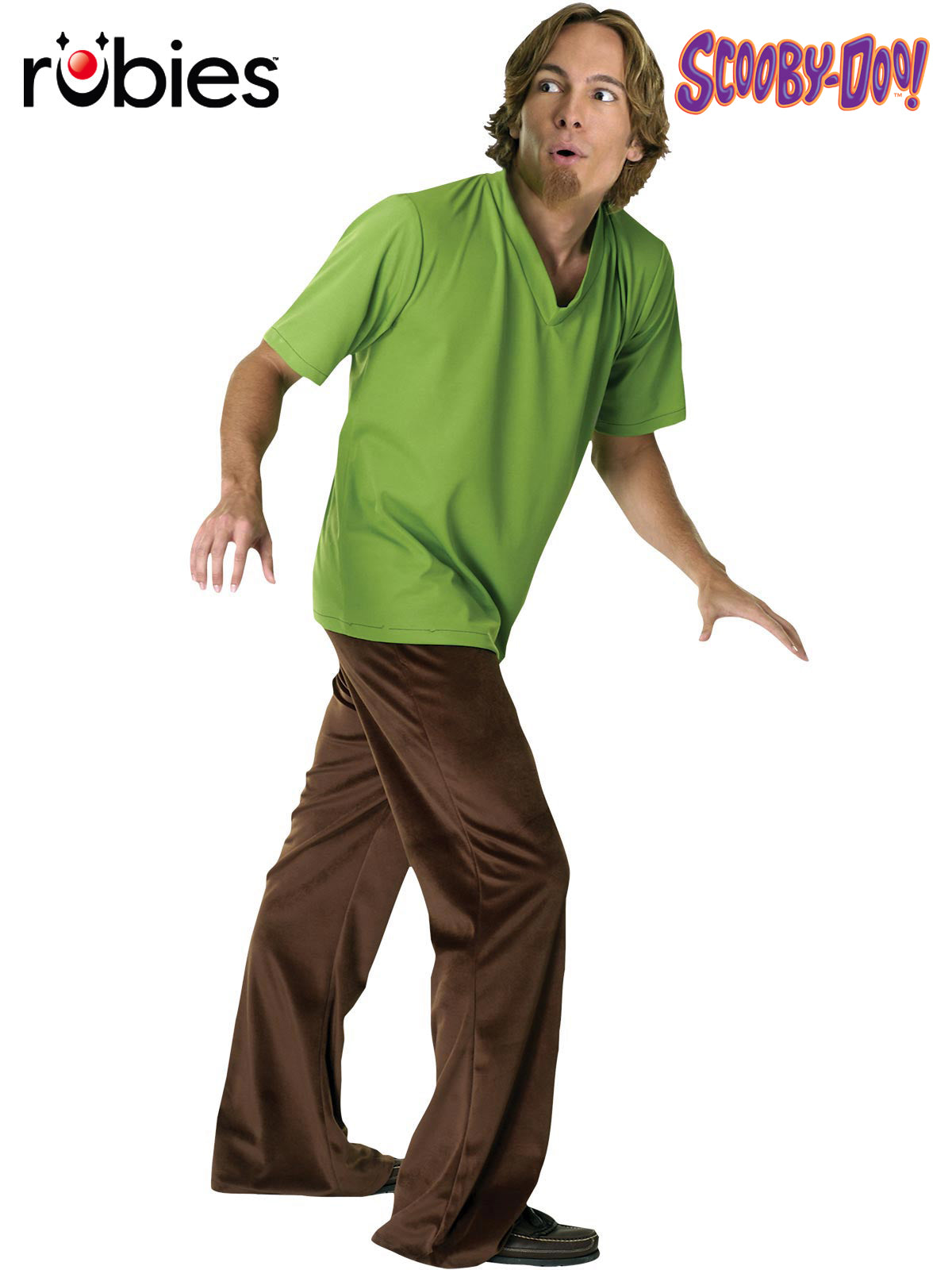 Shaggy Costume for Adults Green Top Brown Pants Goatee Fancy Dress Outfit