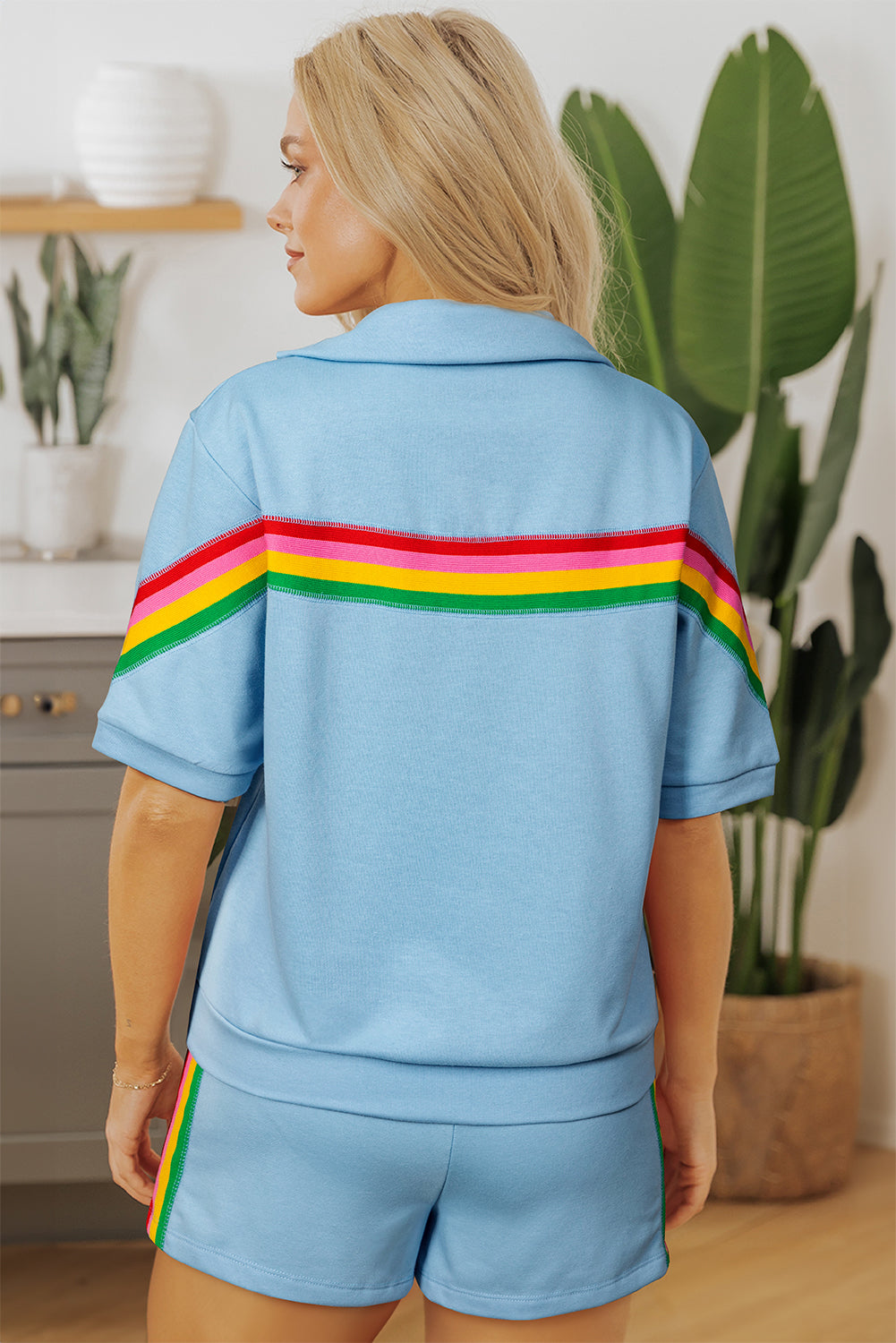 Women’s Sea Green Rainbow Colourblock Collared Short Sleeve Top and Shorts Set