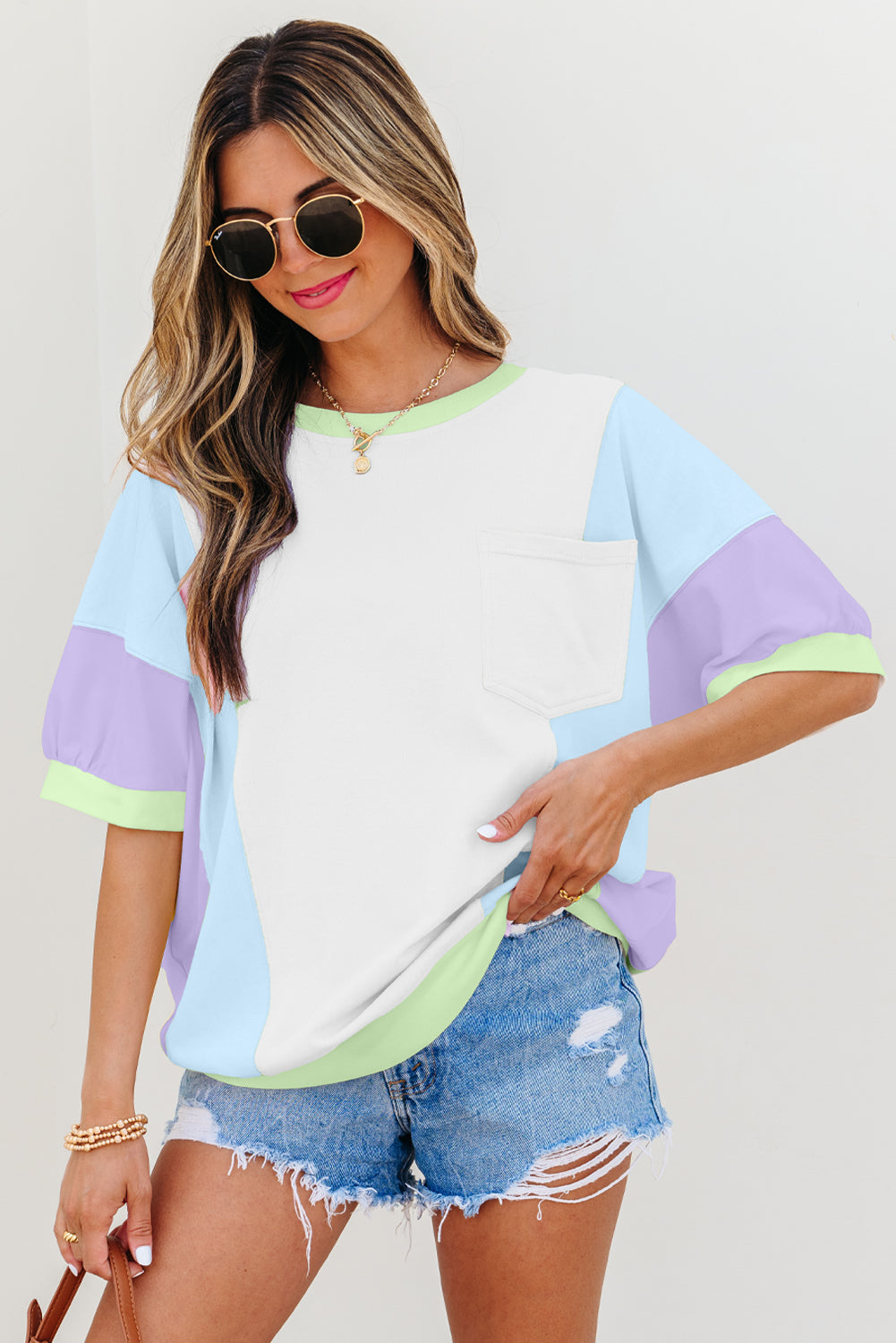 White Colour Block Patchwork Oversized T Shirt with Half Sleeves for Women