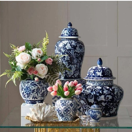 Tall Trellis Ginger Jar Blue and White Ceramic 45cm Bloom Design