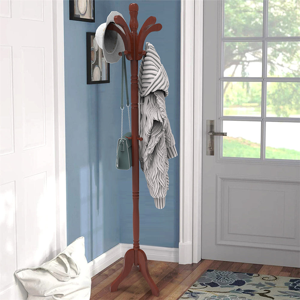 Solid Birch Wood Coat Racks Stand Floor Standing Hanger Rack with Tripod Base