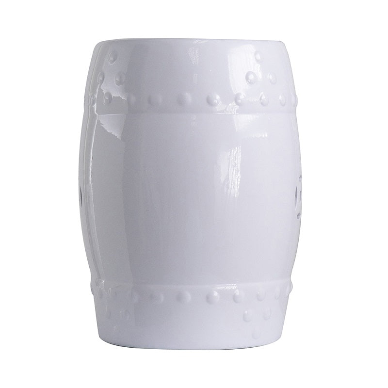 White Ceramic Cut Out Stool 44cm Barrel Shape Side Table or Seating