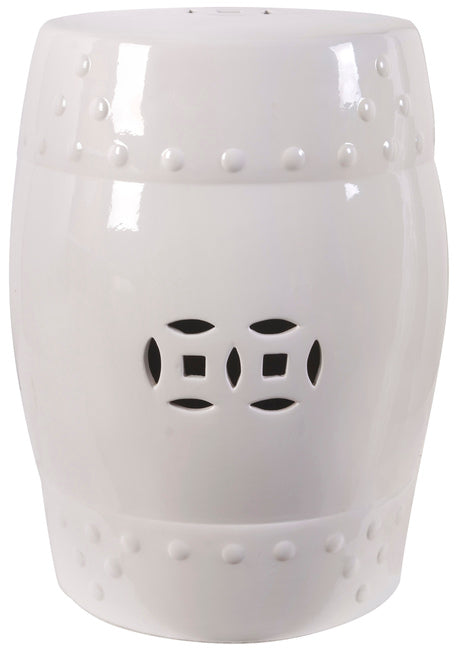 White Ceramic Cut Out Stool 44cm Barrel Shape Side Table or Seating