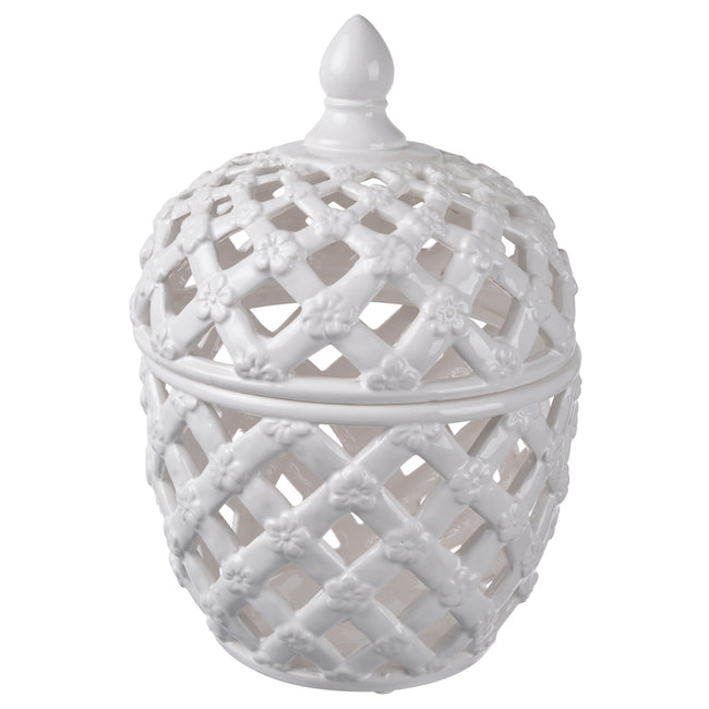 Lattice Decorative Lidded Jar 29cm Tall White Ceramic Flower Motif