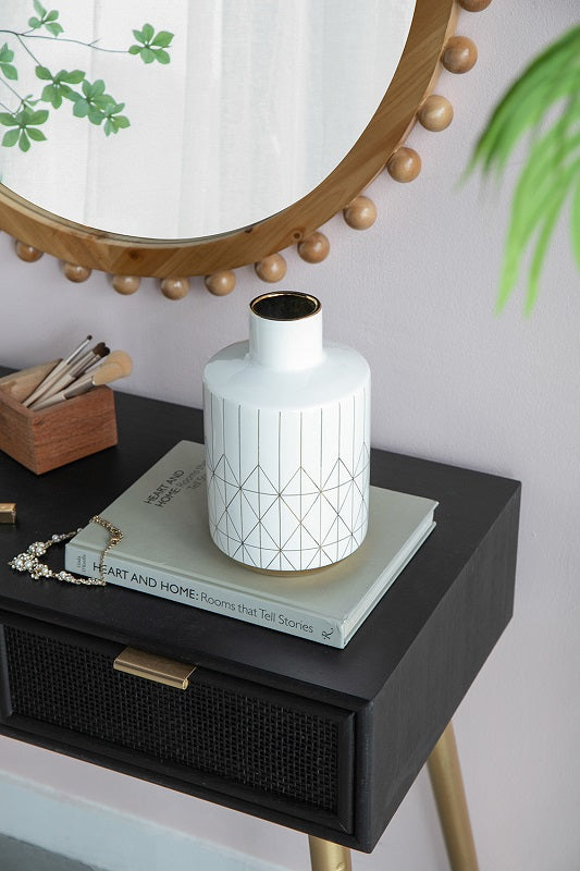 Geo Vase Tall 25cm White Ceramic with Gold Trim Geometric Pattern
