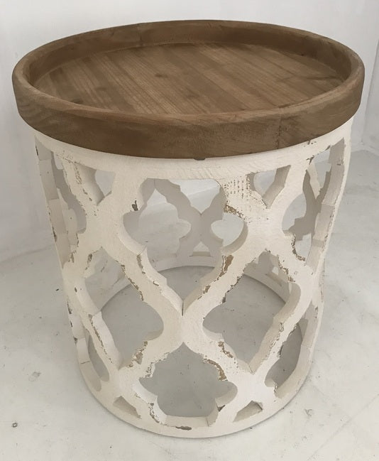 Lattice Round Shabby Chic Side Table 50cm Distressed White Wood Top