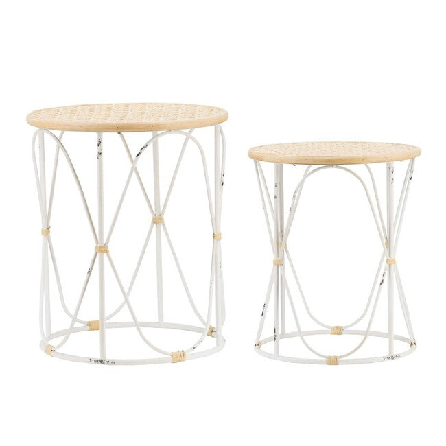 Bamboo Weave Side Tables Set of 2 Iron Frame Distressed White