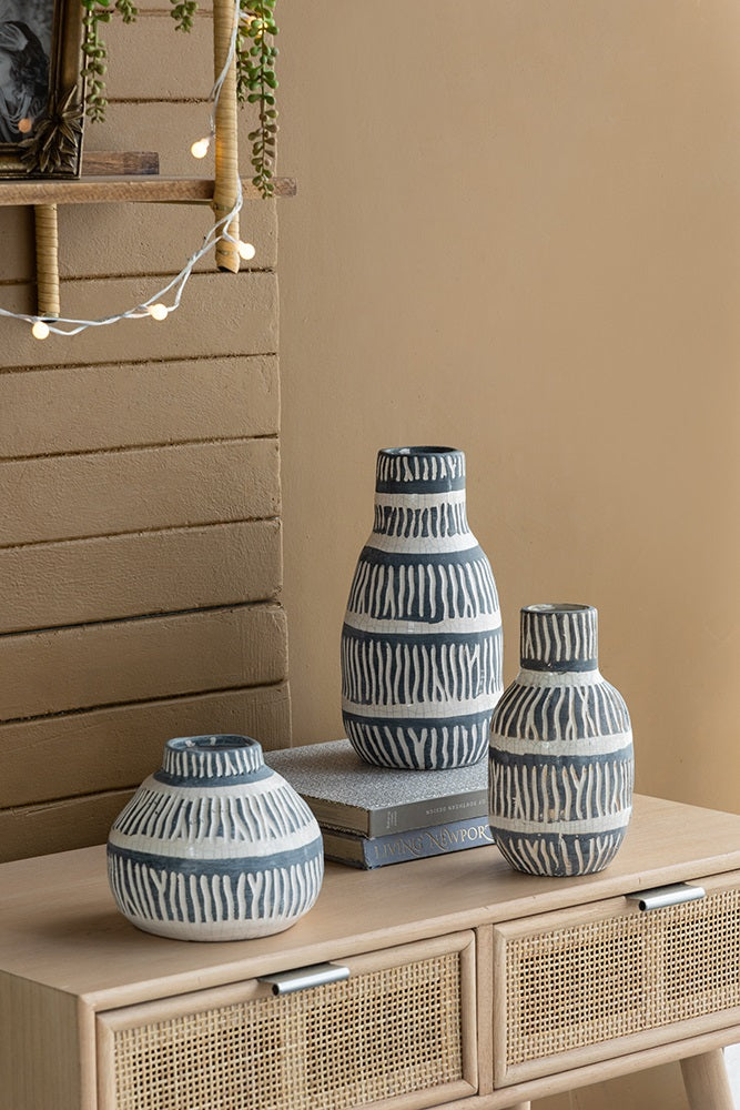 Cream & Grey Ceramic Squat Vase 14.5cm Crackled Patina Home Decor