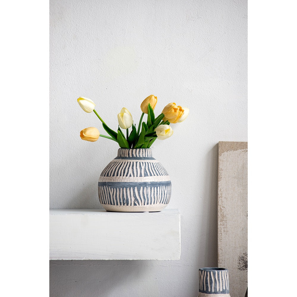 Cream & Grey Ceramic Squat Vase 14.5cm Crackled Patina Home Decor