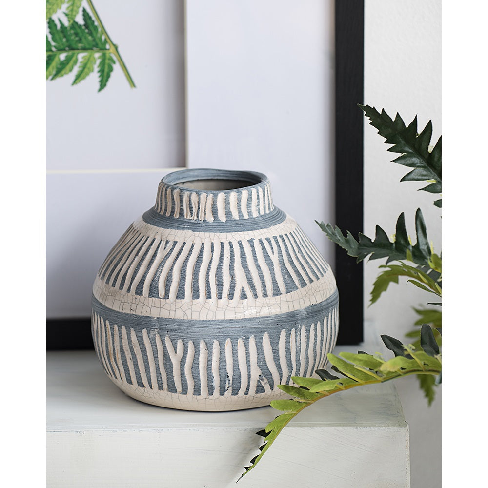 Cream & Grey Ceramic Squat Vase 14.5cm Crackled Patina Home Decor
