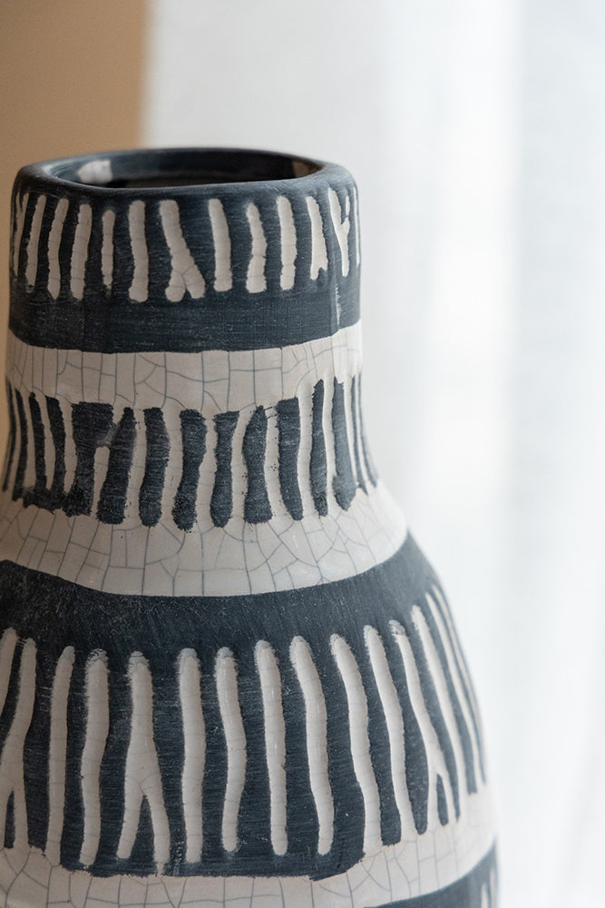 Cream & Grey Tall Ceramic Vase 28cm Crackled Patina Home Decor