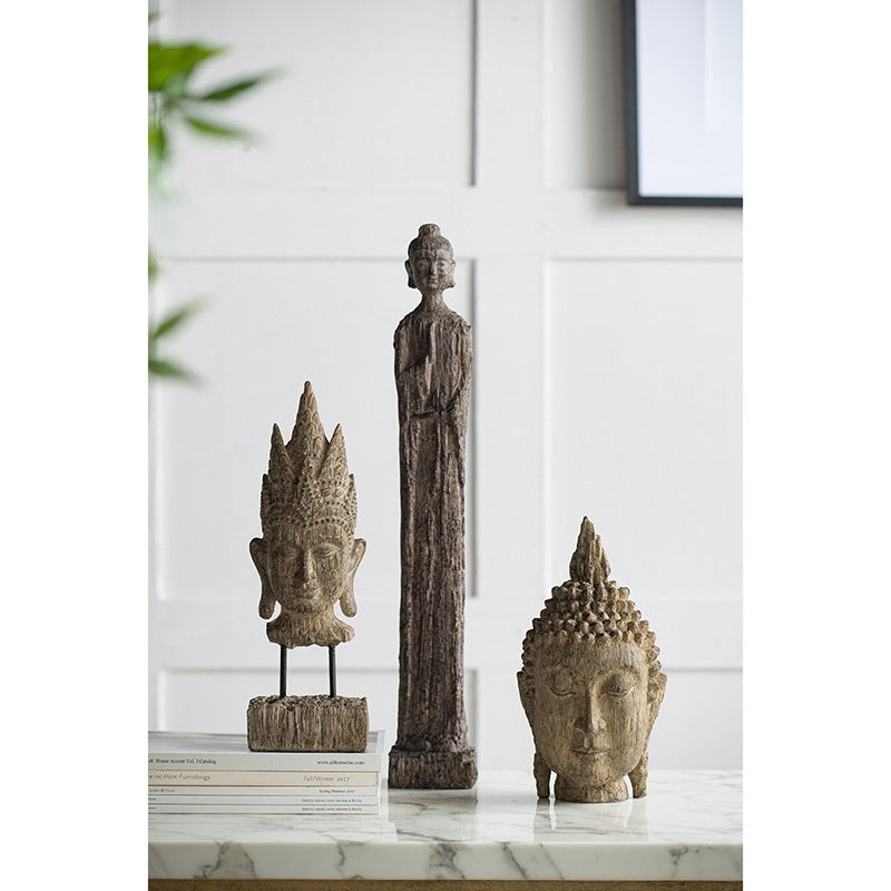 Buddha Head Sculpture Meditating Design and Antique Finish - 30 cm