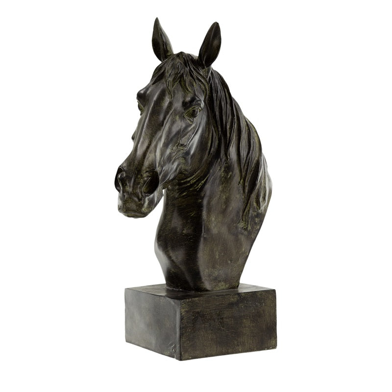 Horse Head Statue on Base Dark Polyresin Sculpture - 40 cm