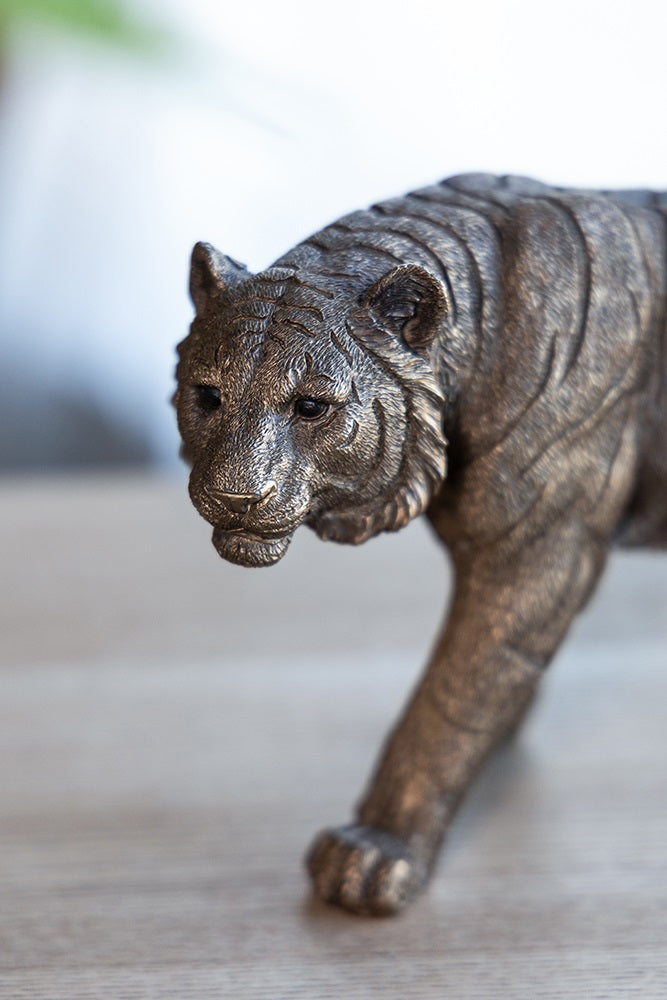 Tiger Statue Polyresin Home Decor Copper Finish - 29 cm