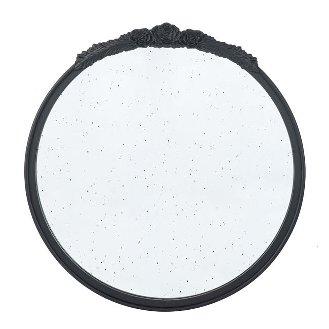Bingley Hand-Carved Rose Round Mirror Elegant Black Frame with Antiqued Glass - 74 cm