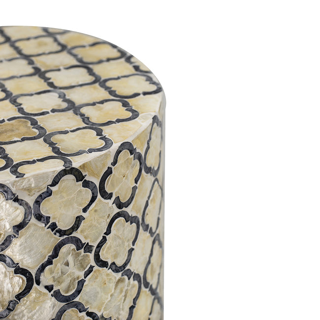 Geometric Patterned Stool 40cm Round Accent with Black- Cream Diamond Design