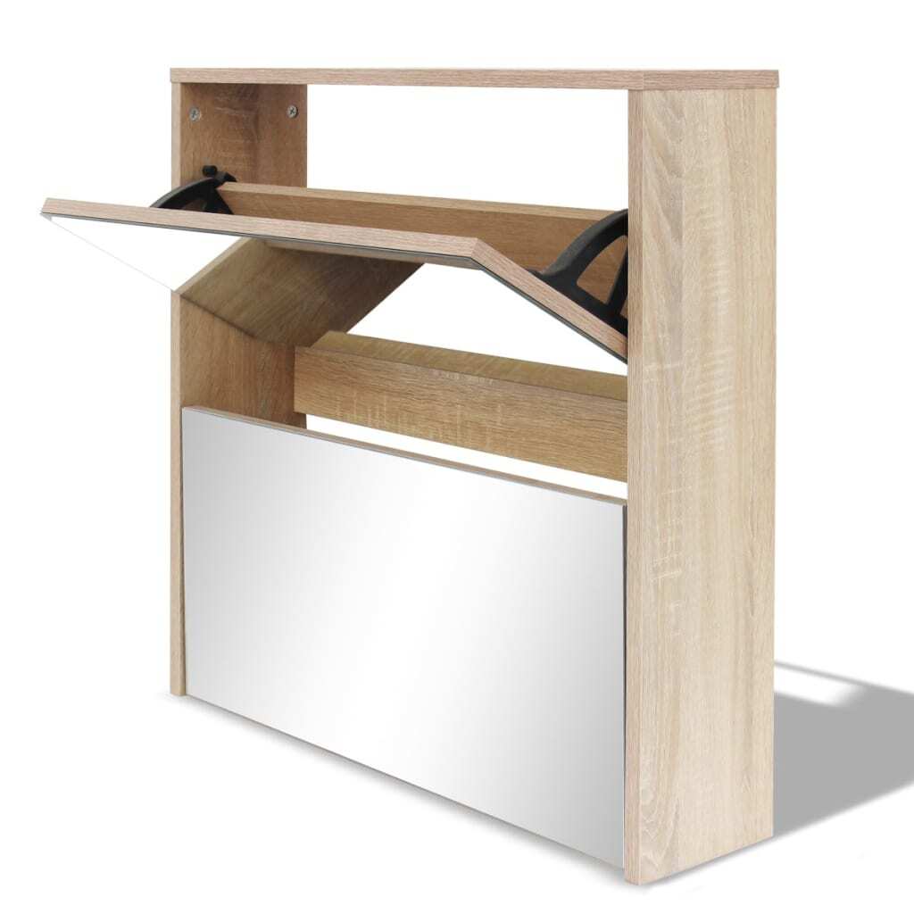 Shoe Cabinet 2-Layer Mirror Oak 63x17x67cm Wall Mounted Storage Organiser