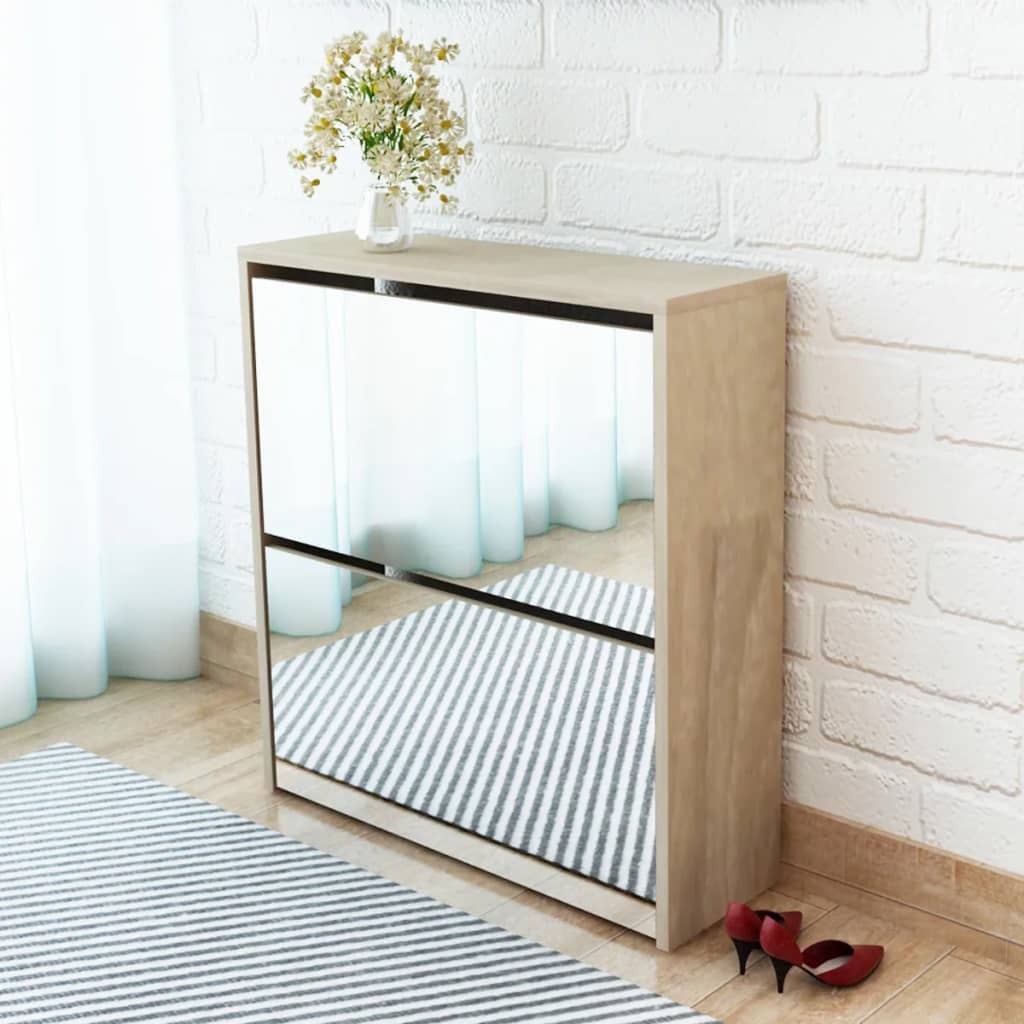 Shoe Cabinet 2-Layer Mirror Oak 63x17x67cm Wall Mounted Storage Organiser