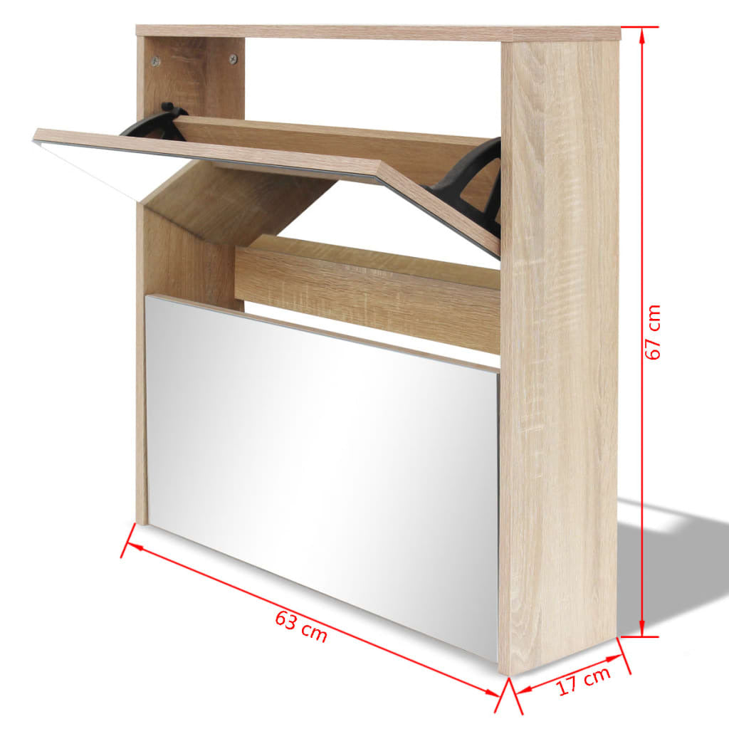 Shoe Cabinet 2-Layer Mirror Oak 63x17x67cm Wall Mounted Storage Organiser