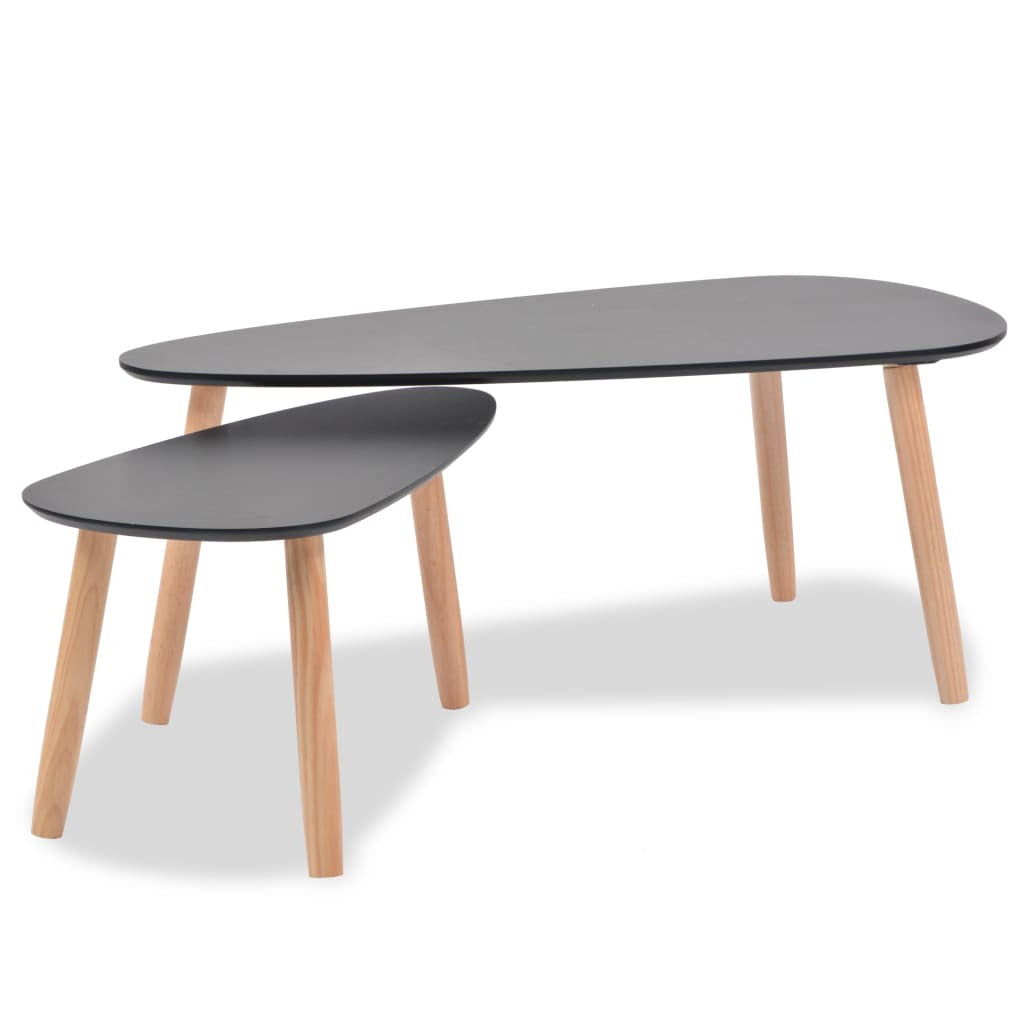 Black Solid Pinewood Coffee Table Set 2 Pieces Scandinavian Nightstand Living