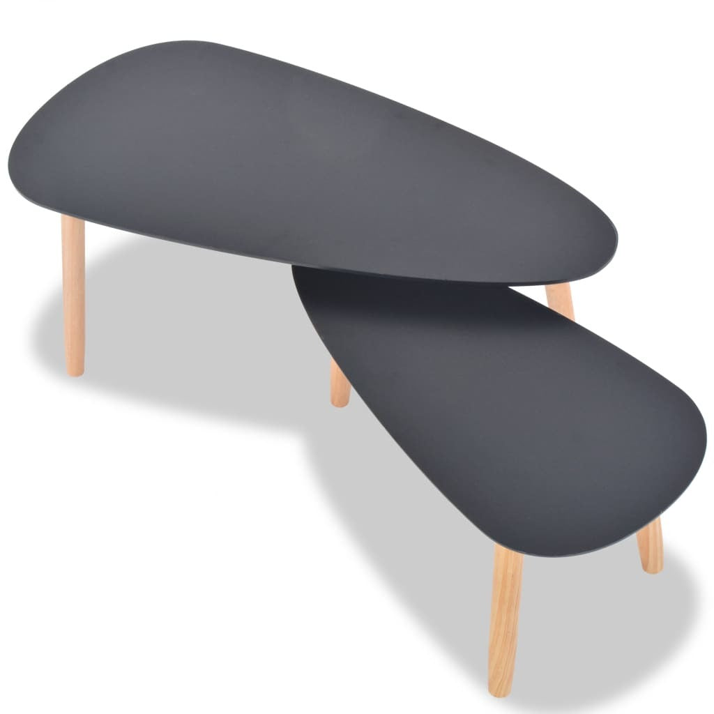 Black Solid Pinewood Coffee Table Set 2 Pieces Scandinavian Nightstand Living