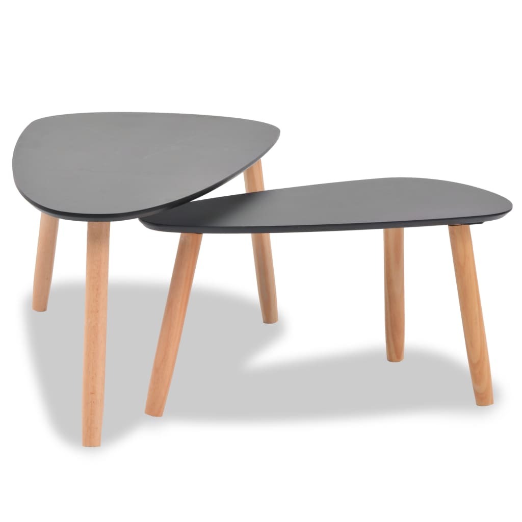 Black Solid Pinewood Coffee Table Set 2 Pieces Scandinavian Nightstand Living