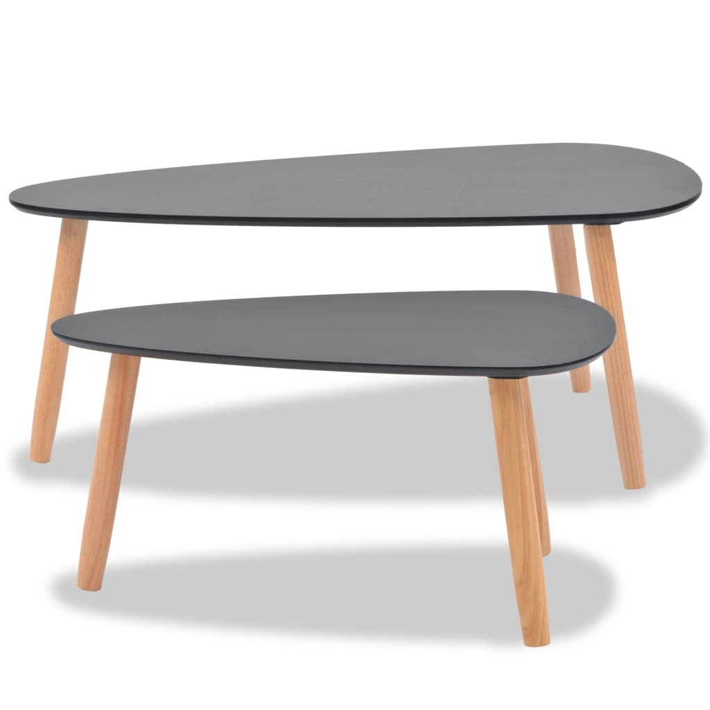Black Solid Pinewood Coffee Table Set 2 Pieces Scandinavian Nightstand Living