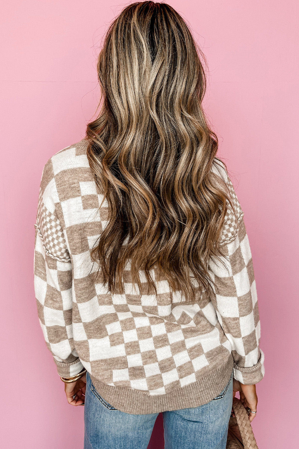 Women’s Black Checkered Print Drop Shoulder Round Neck Sweater