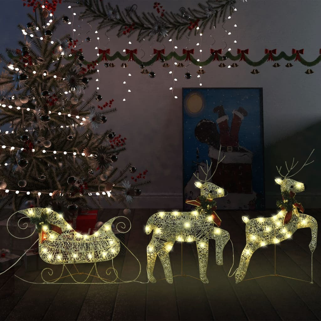 Reindeer Sleigh Christmas Decoration 60 LED Lights Outdoor Xmas Metal Gold