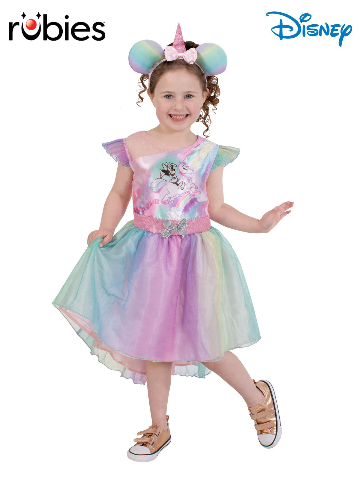 Minnie Mouse Unicorn Costume Child Rainbow Dress with Ears Horn and Bow Headband