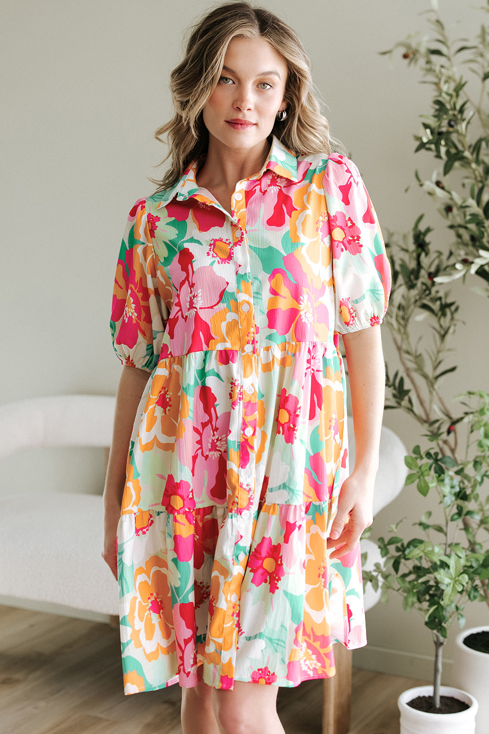 Women’s Green Floral Babydoll Dress with Puff Sleeves, Collar, and Buttons
