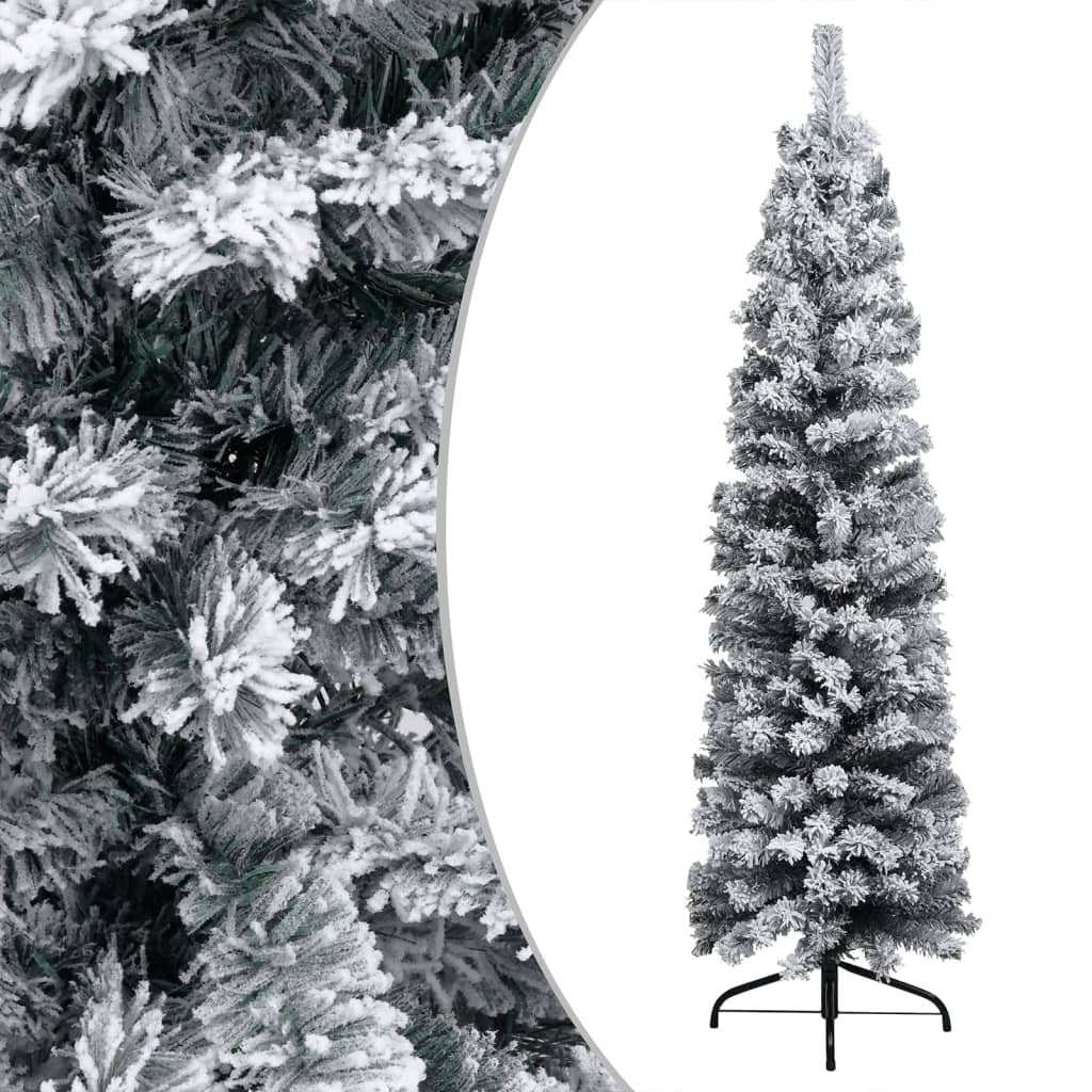 Slim Pre-lit Christmas Tree with Flocked Snow Green 240 cm PVC