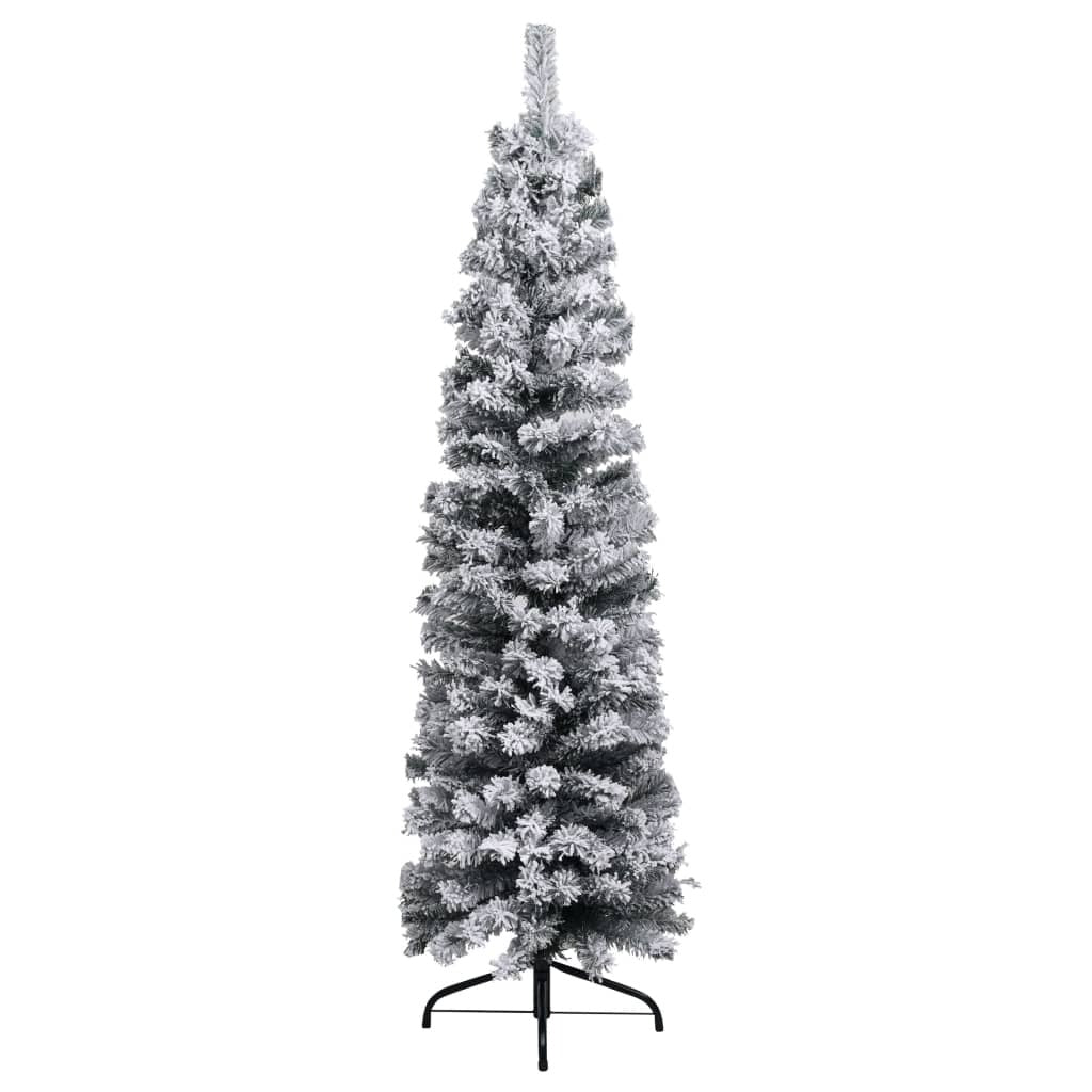 Slim Pre-lit Christmas Tree with Flocked Snow Green 240 cm PVC