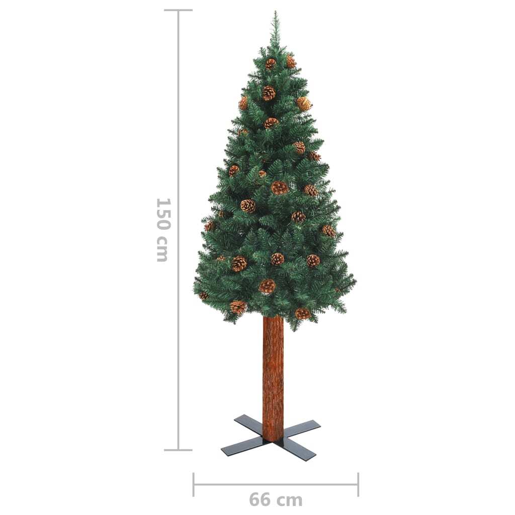 Slim Pre-lit Christmas Tree with Real Wood&Cones Green 150 cm