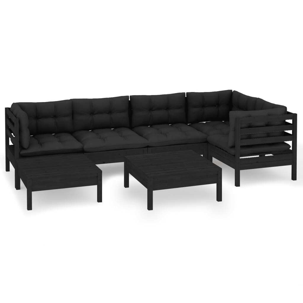 7 Piece Garden Lounge Set with Cushions Black Solid Pinewood