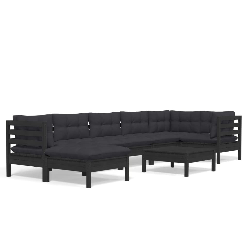 8 Piece Garden Lounge Set with Cushions Black Solid Pinewood
