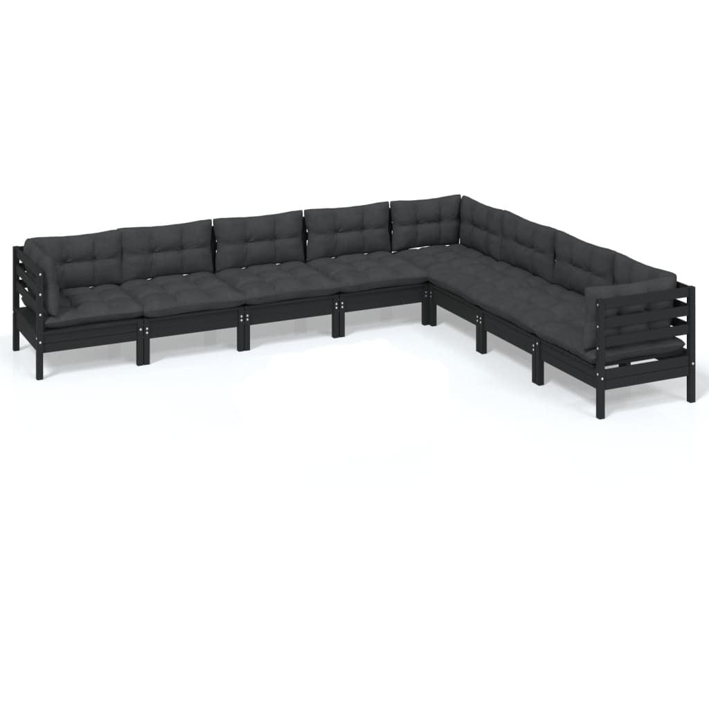 8 Piece Garden Lounge Set with Cushions Black Solid Pinewood