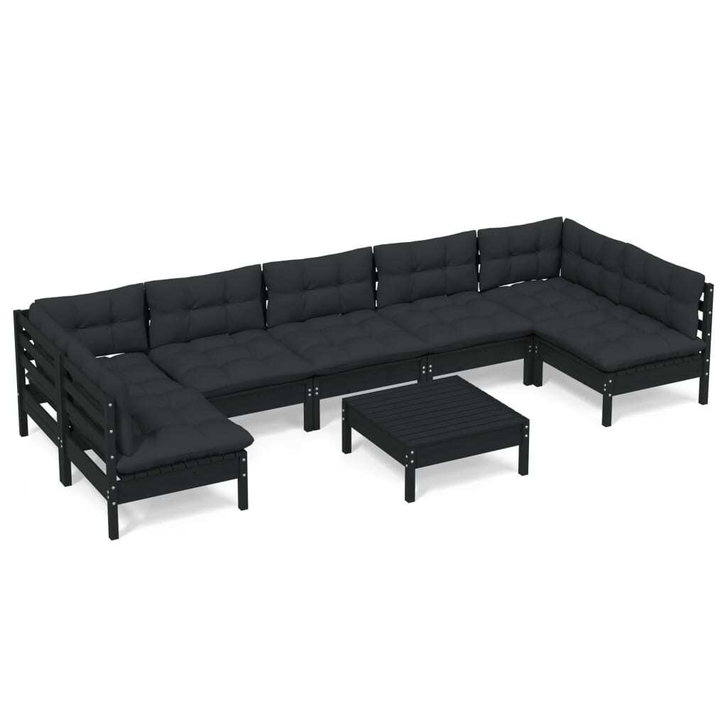 8 Piece Garden Lounge Set with Cushions Black Solid Pinewood