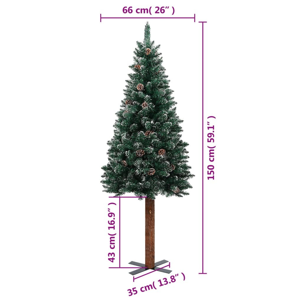 Slim Christmas Tree with Real Wood and White Snow Green 150 cm