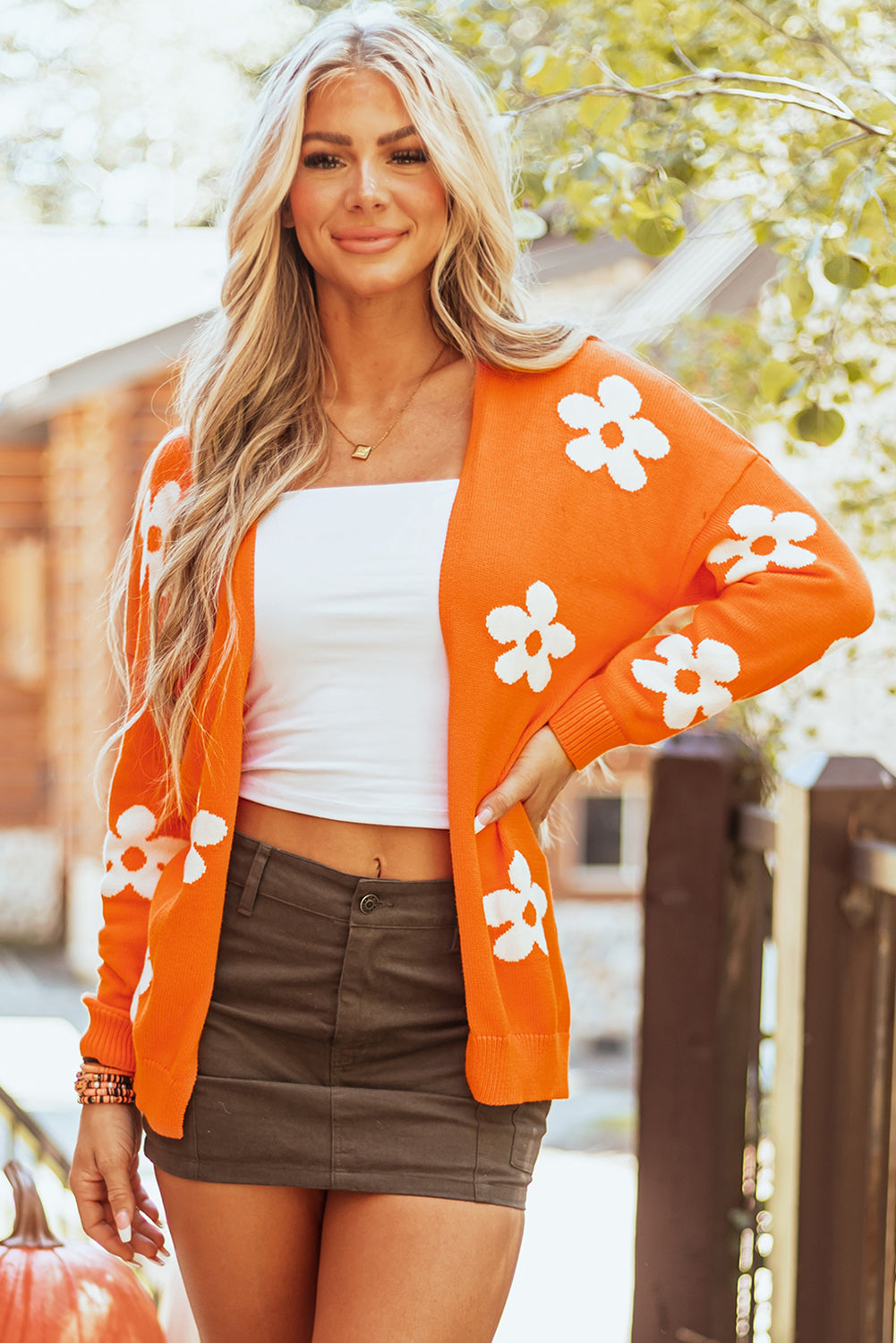 Orange Floral Print Knitted Open Front Loose Cardigan Women’s Casual Wear