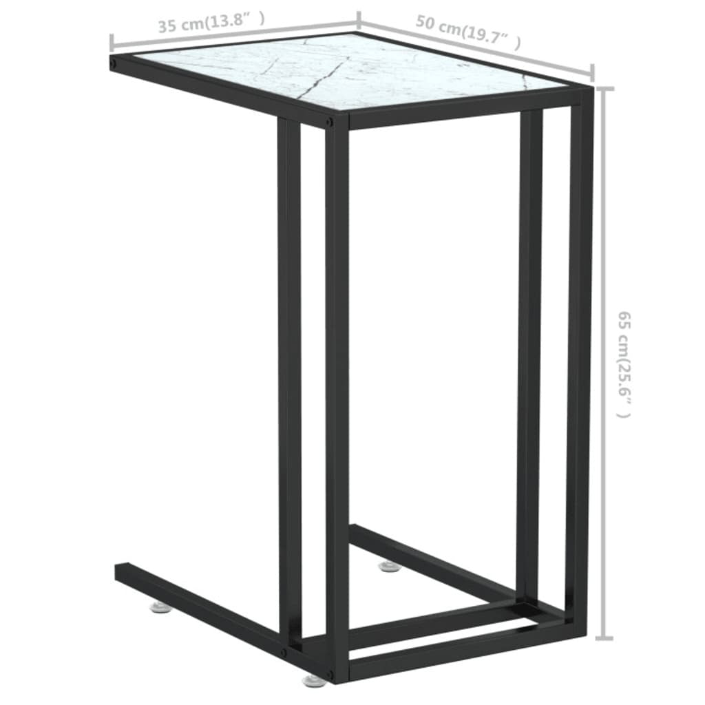 Computer Side Table Tempered Glass Marble Effect Iron Frame 50x35x65cm White