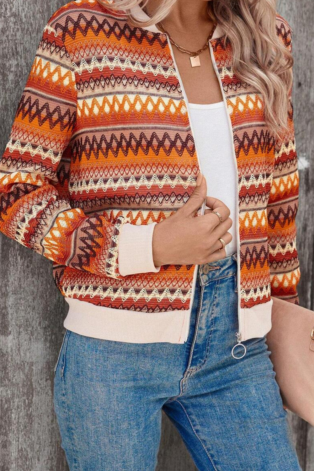 Boho Orange Striped Zip Up Long Sleeve Jacket for Women