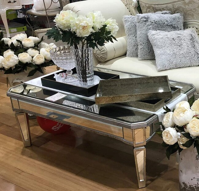Mirrored Rectangular Coffee Table Antique Ribbed Gold Leaf Hollywood Decor